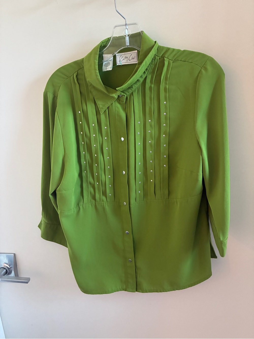 Vintage Pintuck Lime Green Button-Down Blouse with Stud Accents